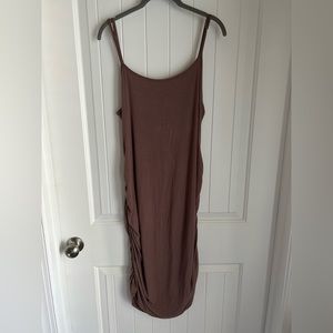 BP 1X Ruched Side Ribbed Spaghetti Adjustable Strap Midi Dress Taupe Brown